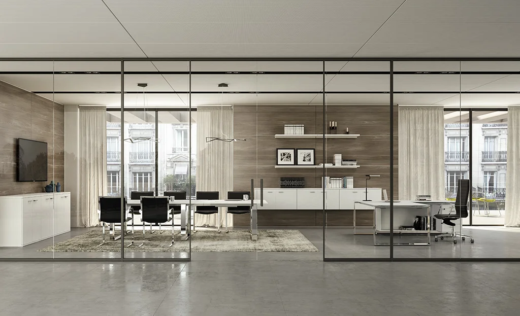 Refurbished Office with framed partitions and designer furniture
