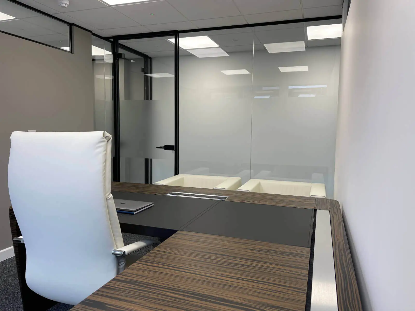 IOC office space with designer furniture and single glazed framed glass doors 28